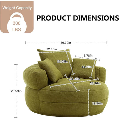 360°Swivel Modern Barrel Chair,Round Sofa Chair with 3 Pillows and Metal Swivel Base,Extra Large Armchair Comfortable Club Chair