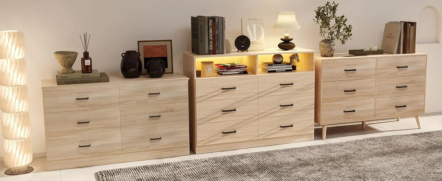 Wood Dresser for Bedroom, 6 Drawer Double Dresser with Metal Handles, 15.8" D x 47.2" W x 27.7" H, Light Oak