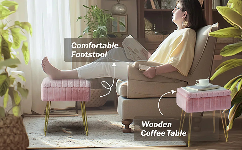 Tabouret de coiffeuse REDLIFE avec rangement en fausse fourrure, pouf de maquillage, meuble de commode avec pieds en métal doré pour chambre et salon