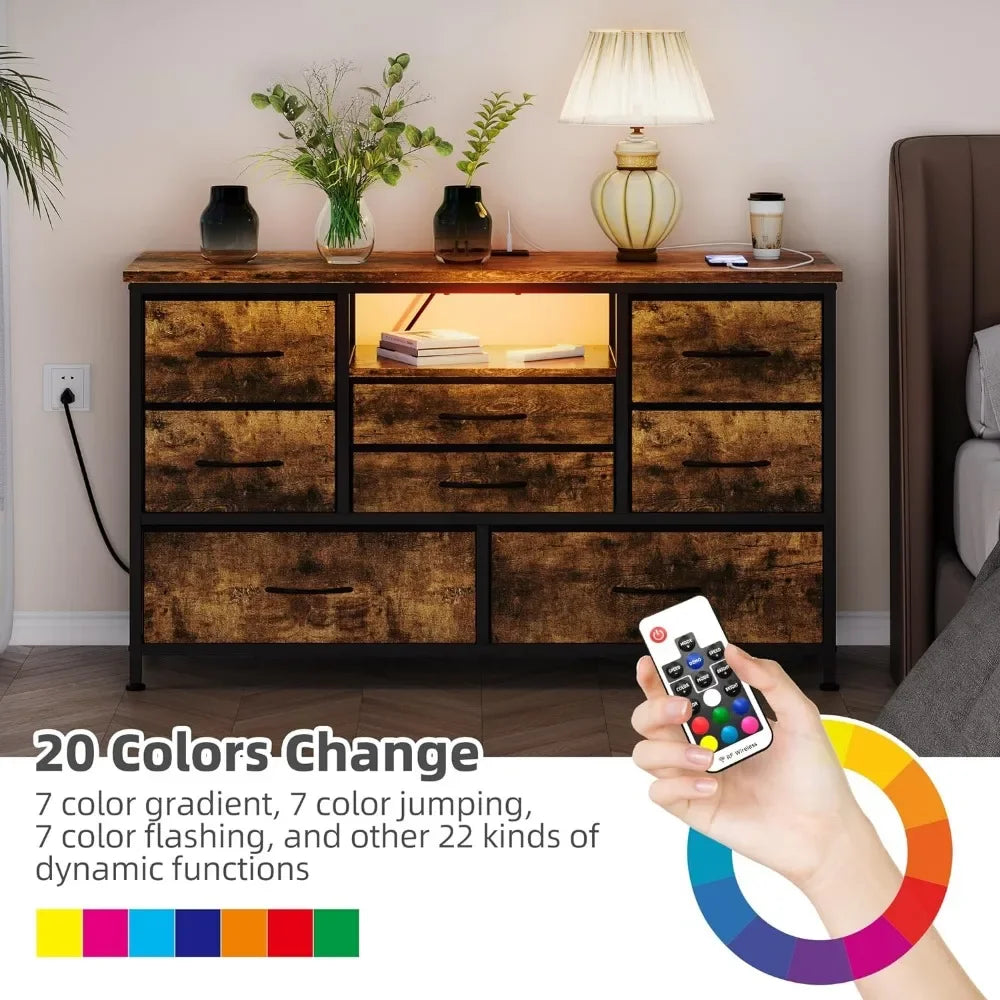 8 Dresser TV Stand with Power Outlet &LED for 55''TV,Long Dresser for Bedroom with 8 Deep Drawers,Wide Console Table for Storage