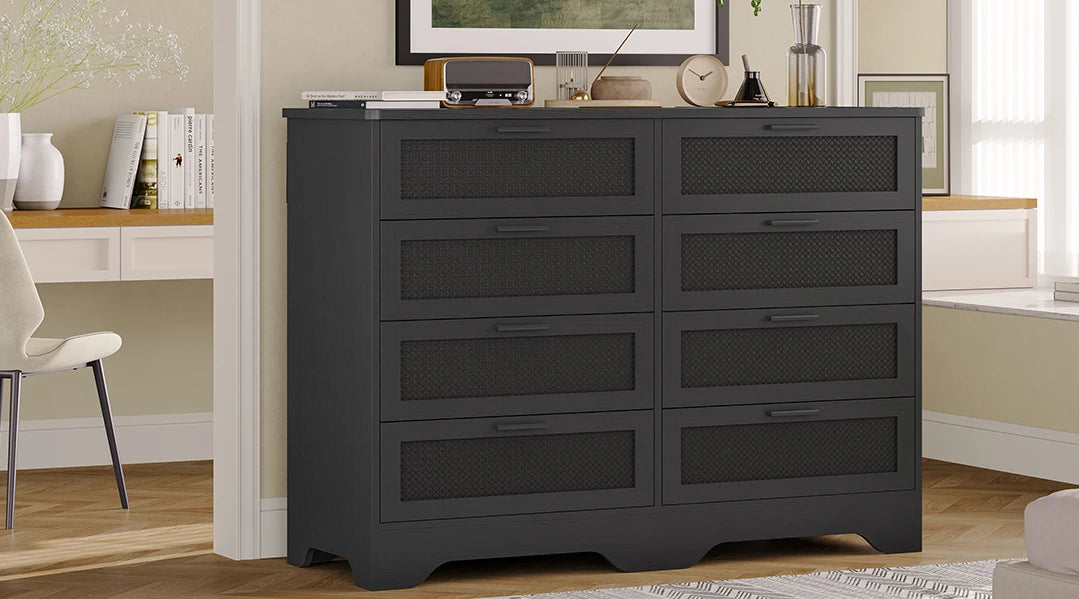 Black Dresser for Bedroom,Modern 8 Drawers Long Dresser with Woven Leather Design,Wooden Large Capacity Storage Chest of Drawers