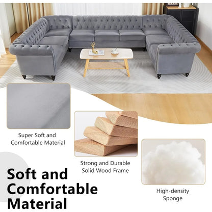 L-Shaped Sofa, Sectional Chesterfield Couch 5-Seater Velvet Upholstered Tufted Sofa with Rolled Armrest for Living Room