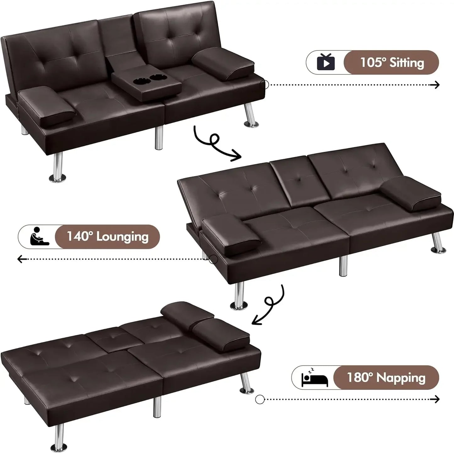 Canapé-lit réglable Canapé-lit double face Canapé-lit pliant Lit d'appoint, porte-gobelet, lit Chaise longue moderne en cuir artificiel