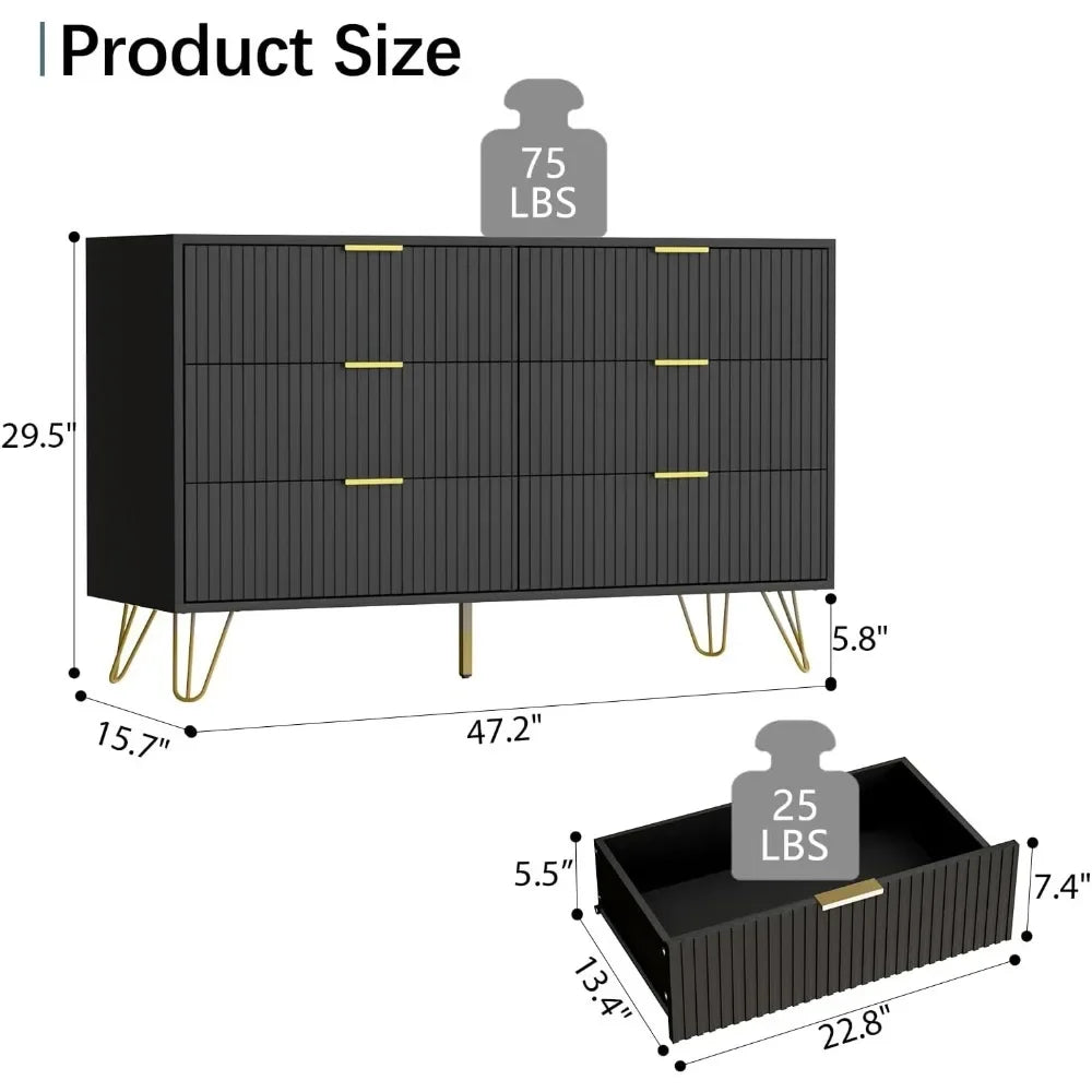 Black Dresser, Modern 6-Drawer Dresser for Bedroom with Gold Handles, Wide Chest of Drawers for Living Room