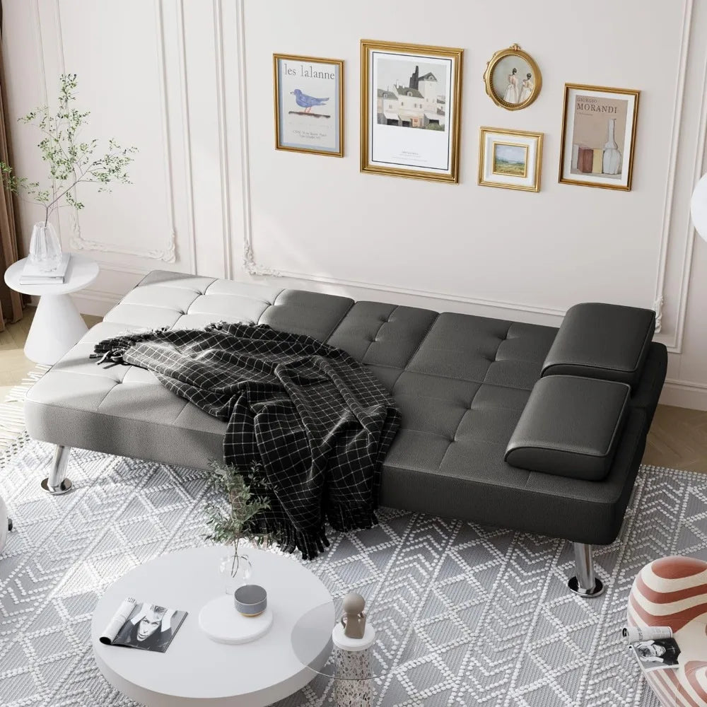 Canapé-lit futon convertible pliable pour salon, canapé-lit rembourré en similicuir avec accoudoirs amovibles, blanc