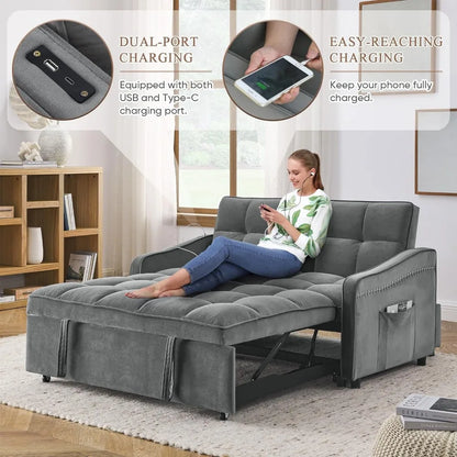 3 in 1 Sleeper Sofa Couch Bed with USB & Type C Port, 52" Small Modern Convertible Tufted Velvet Loveseat Sofa w/Pull Out Bed