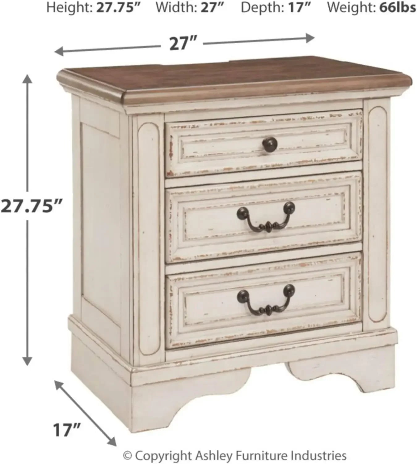 Ashley Realyn French Country Nightstand with Electrical Outlets and USB Ports, Chipped White, Signature Design, 3 Drawer