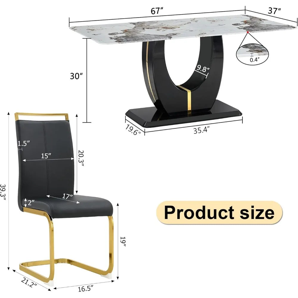 Ensemble de table à manger en marbre, pouvant accueillir 6 chaises rembourrées en cuir PU, pouvant accueillir 6 personnes, avec base en MDF