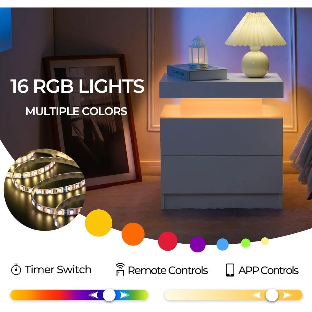 Set of 2 LED Nightstand with 2 Drawers, Bedside Table with Drawers for Bedroom Furniture, Side Bed Table with LED