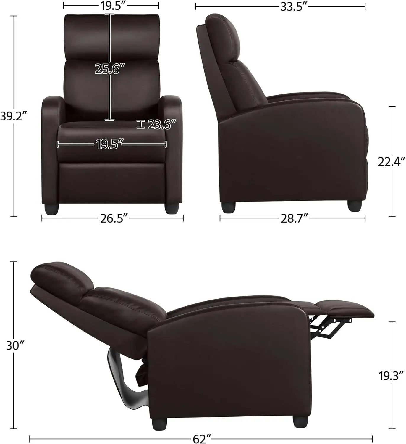 Fauteuil inclinable en similicuir, canapé inclinable réglable, siège inclinable moderne, fauteuil club, siège de cinéma maison, marron