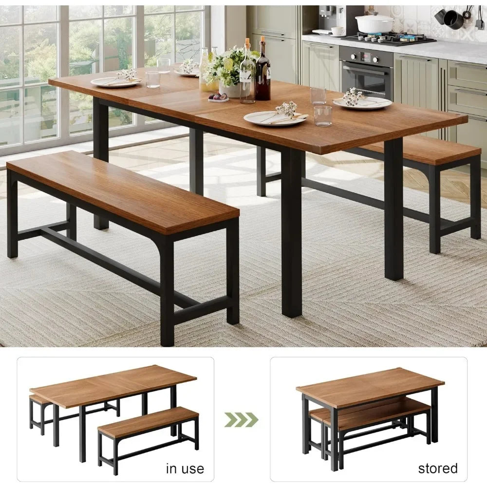 Ensemble de table à manger de 63 po pour 4 à 6 personnes, table de salle à manger extensible avec 2 bancs, table de cuisine 3 pièces pour petit espace, facile à nettoyer, noyer