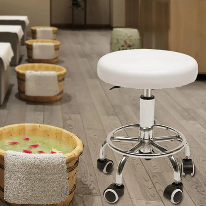 PU Leather Modern Round Rolling Stool with Footrest Height Adjustable Spa Drafting Salon Chair Tattoo Work Massage Stools White