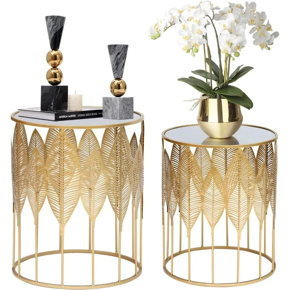 End Tables Set of 2, Gold Nesting Side Coffee Table Decorative Round Nightstands (Stainless Steel Top), Suitable for living room