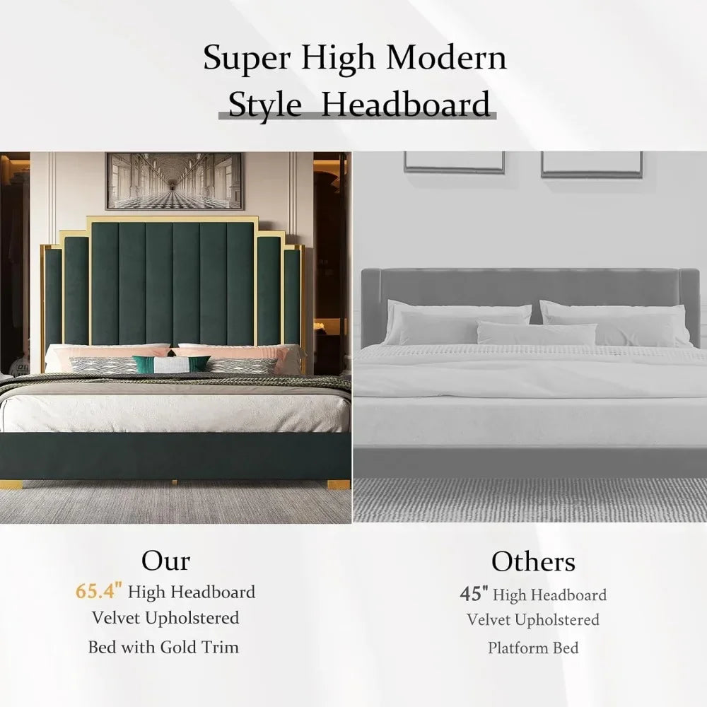 King Size Platform Bed Frame, 65" Velvet Upholstered Bed with Gold Trim Headboard/Wooden Slats/No Box Spring Needed/Green