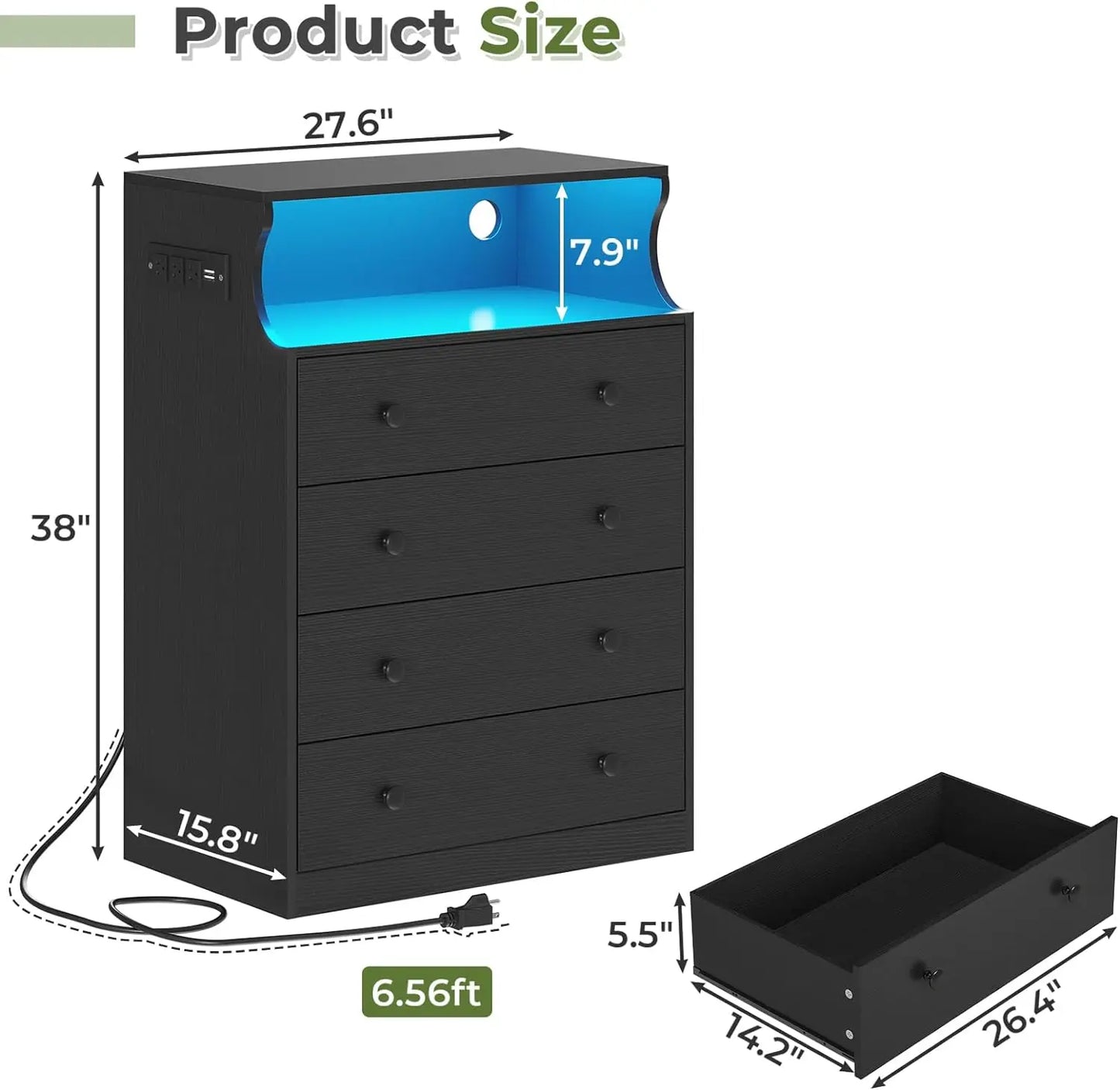 Dresser with Charging Station, 4 Drawers LED Dresser for Bedroom, Chest of Drawers with Open Space, Large Capacity Tall Storage