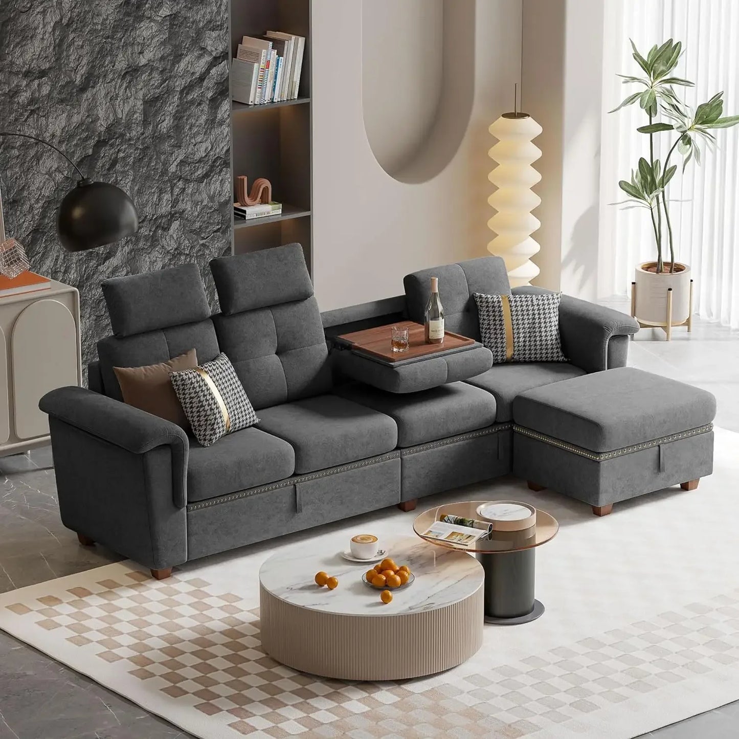 Convertible Sectional Sofa with Storage,4 Seat L Shaped Couch with Chaise and Cup Holder,Modern Microfiber Fabric Sofas Couches