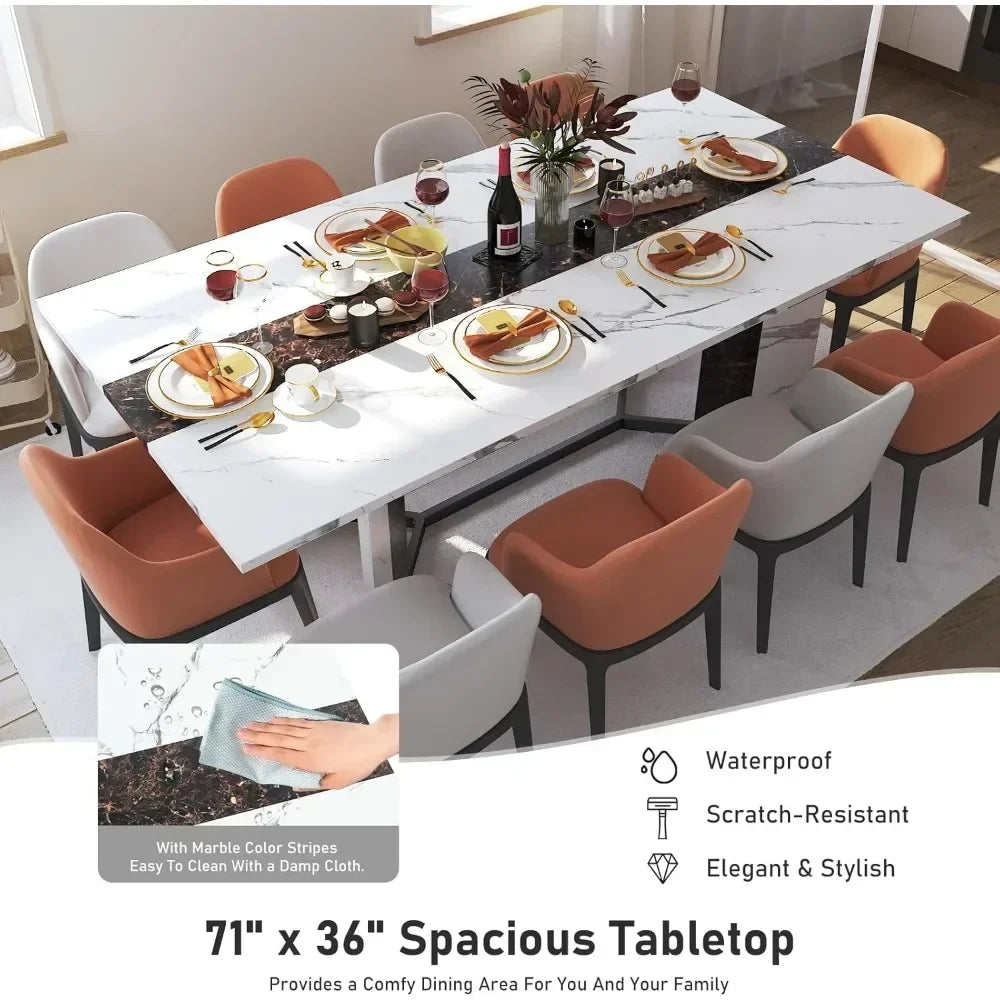 Table à manger rectangulaire blanche de 71 po de large avec plateau en bois imperméable de 35 po de couleur marbre, pieds réglables, table de dîner familiale luxueuse de 6 pi