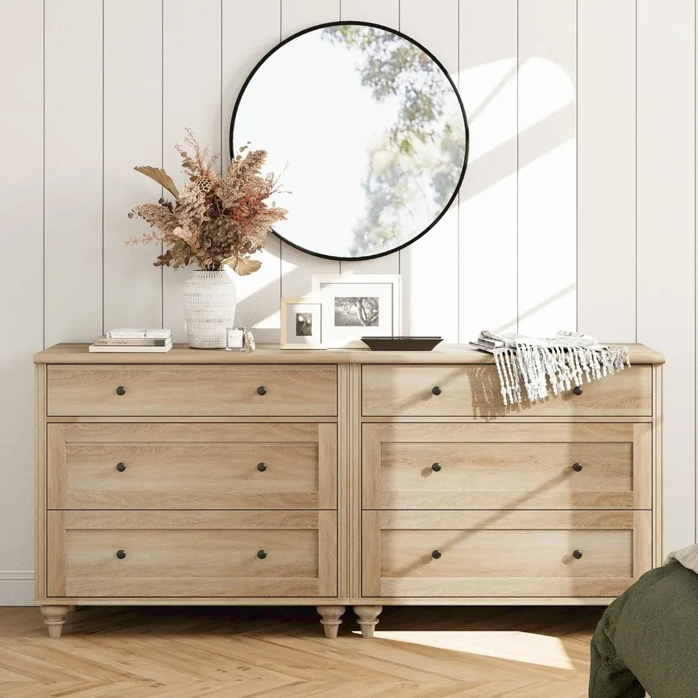 Dresser for Bedroom with 6 Drawers, Oak Kids Dressers with Wide Chest of Drawers, Modern Wooden Closet Storage Organizer