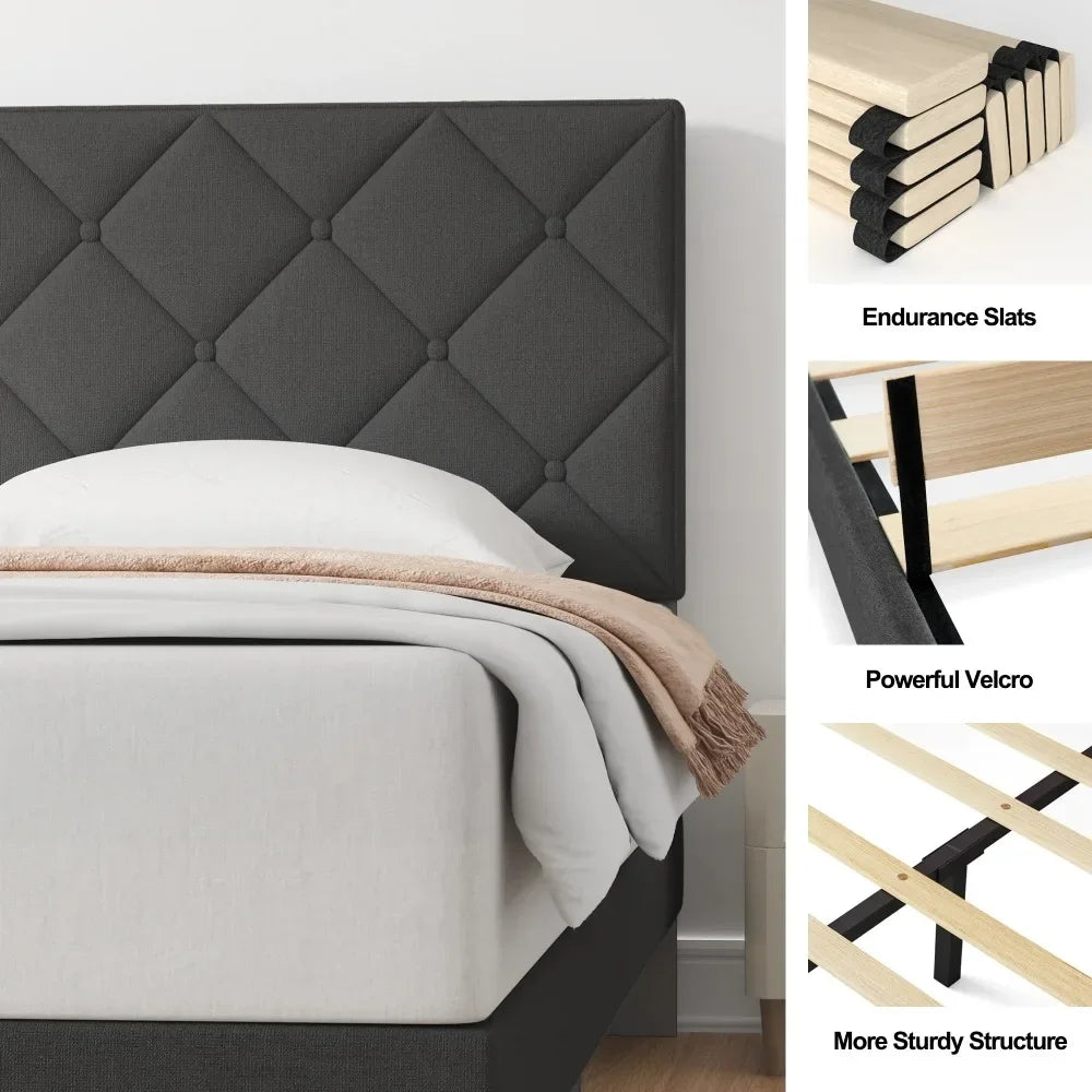 Cama Queen Size, Estructura de cama Queen Size con cabecera tapizada en tela, Gris oscuro, Fácil montaje