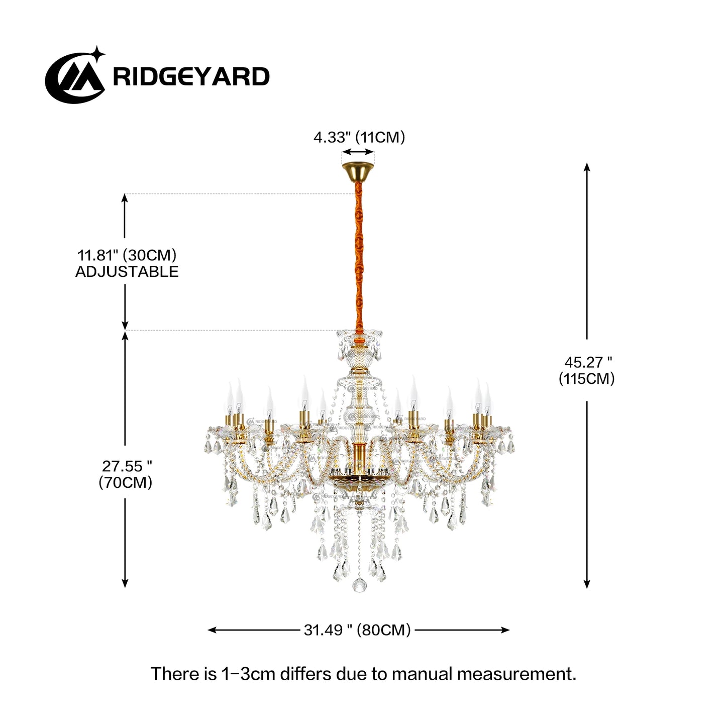 Elegant Glass Crystal Chandelier Ceiling Pendant Lighting Decor 10-Light Golden Hanging Lamp For Living Room Bedroom Room Lobby