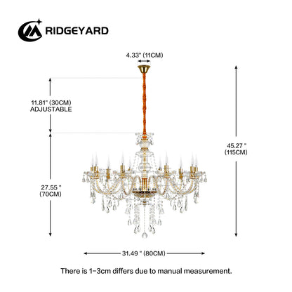 Elegant Glass Crystal Chandelier Ceiling Pendant Lighting Decor 10-Light Golden Hanging Lamp For Living Room Bedroom Room Lobby