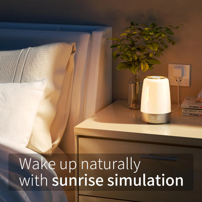 Réveil avec réveil et veilleuse LED avec simulation du lever du soleil, lampe de chevet tactile à intensité variable, 6 couleurs RVB pour chambre à coucher