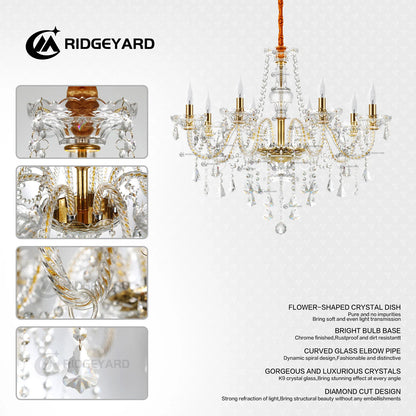 TRY-YEAN 10 Lights Crystal Glass Chandelier Transparent Cognac Color Glass Hanging Lamp For Living Room Bedroom Room Lobby Decro