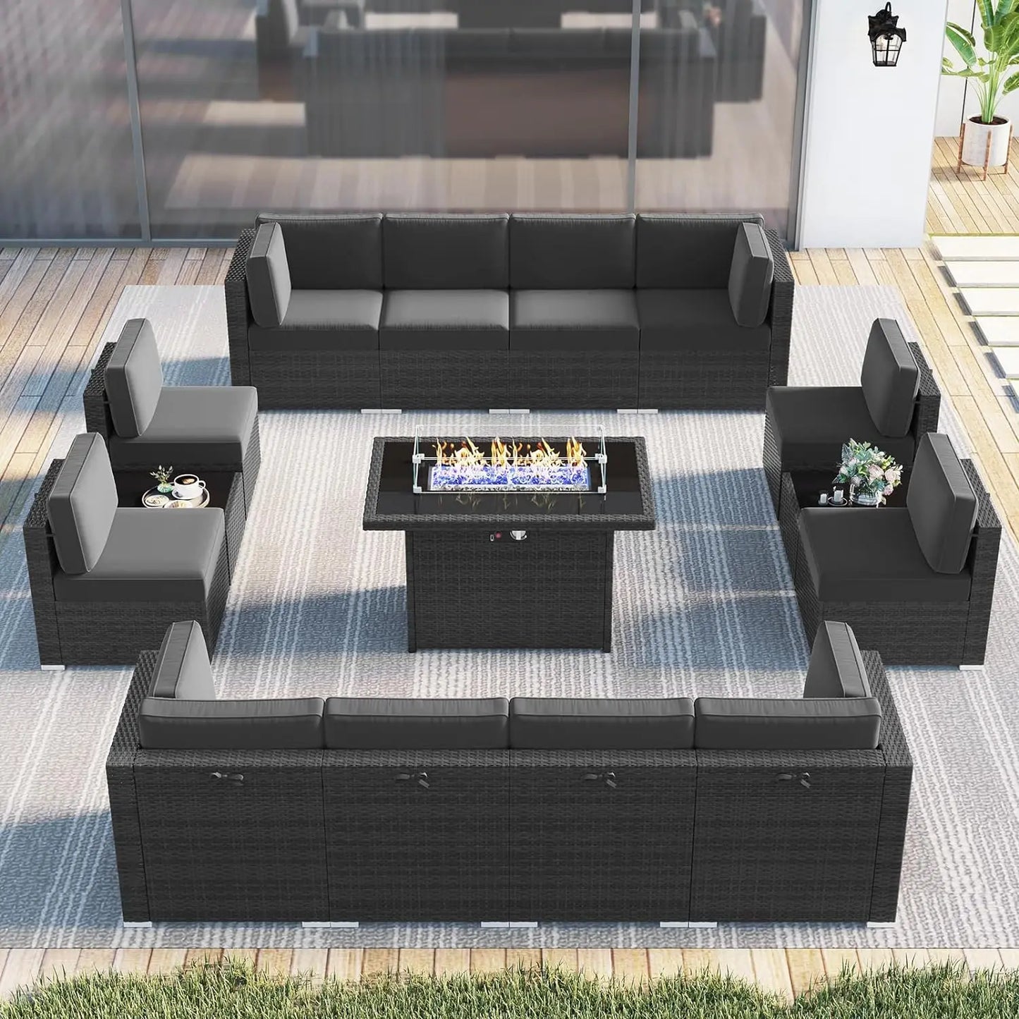 8 Piece Patio Furniture Set with 44" Propane Gas Fire Pit Table, Set Wicker Rattan Sofa Set and Coffee Table Rattan Möbel