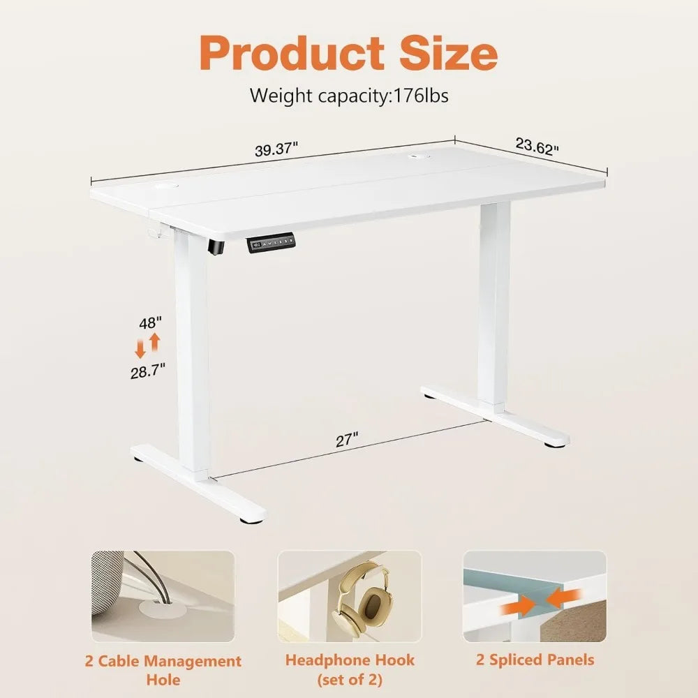 Bureau électrique debout - Bureau réglable en hauteur de 40 x 24 pouces avec panneau d'épissure, table d'ordinateur de bureau relevable