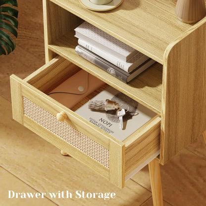 Nightstands Set of 2, Night Stands with Charging Station & PE Rattan Decor Drawer, Bed Side Tables with Solid Wood Feet