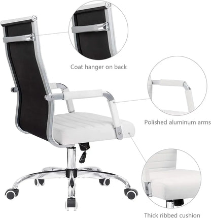 Ribbed Office Desk Mid Back Computer Chair Height Adjustable Conference Executive Task Swivel PU Leather