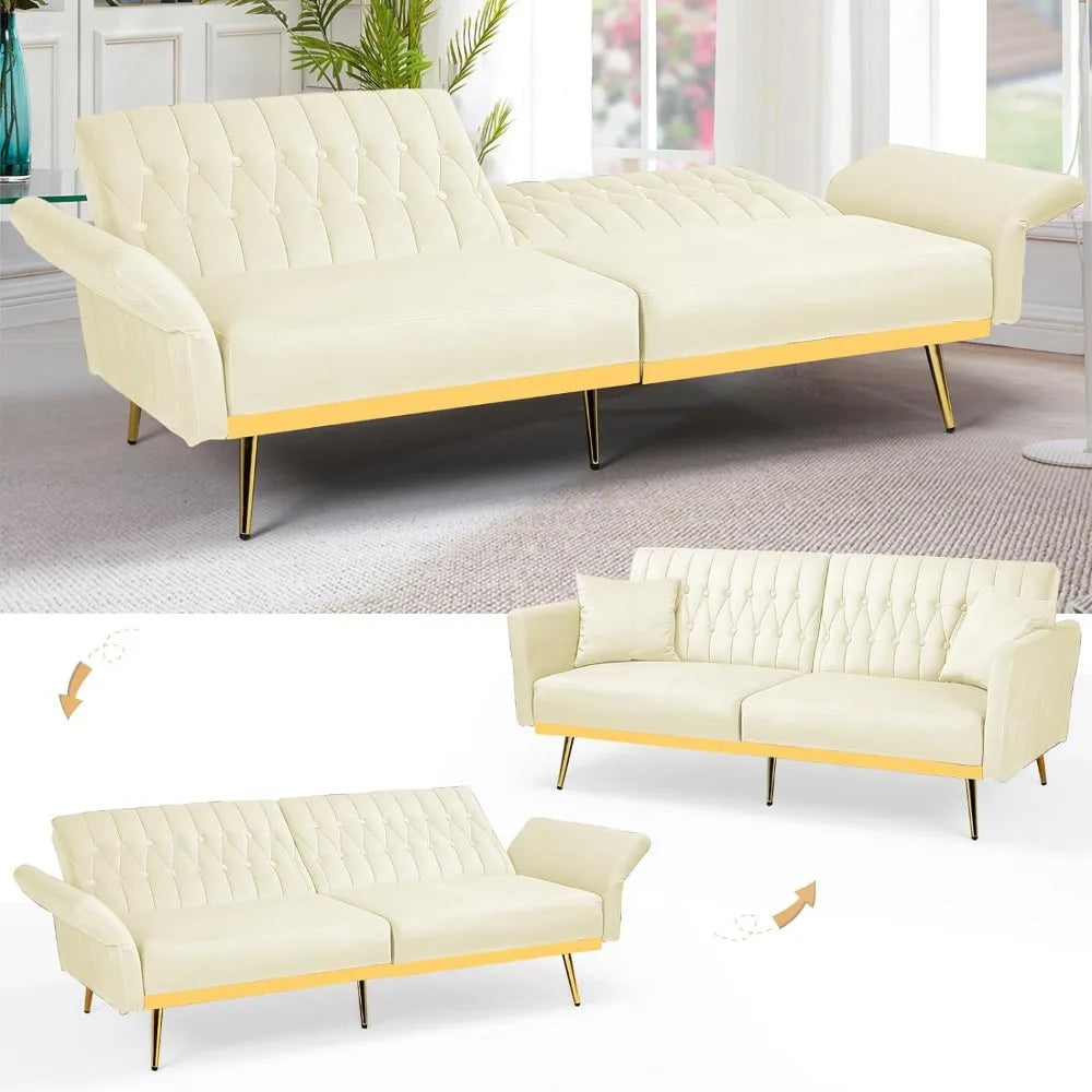 Canapé-lit futon en velours de 70 po avec dossiers et accoudoirs réglables, canapé-lit futon convertible avec deux oreillers, lit-lit capitonné