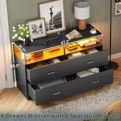 White Dresser for Bedroom with 6 Drawers, Dressers & Chests of Drawers with Column Design & Charging Station, Led Wide Dresser