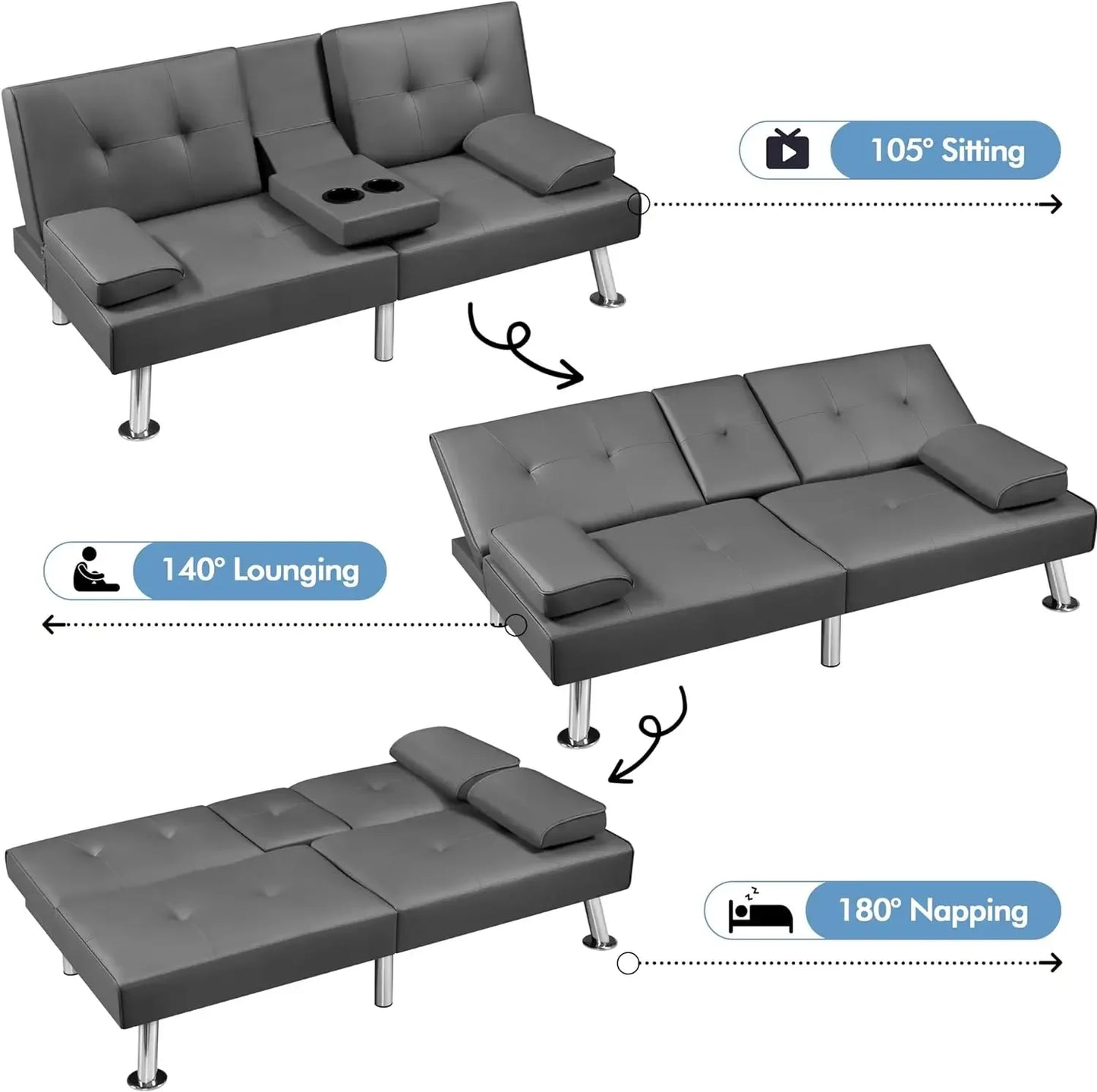 Sofá cama ajustable Sofá cama doble Sofá cama plegable Cama de invitados, portavasos, Cama Sillón moderno de cuero artificial