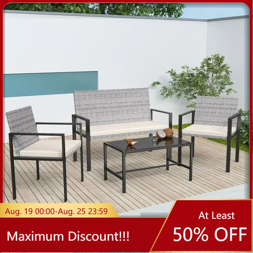 Ensemble de meubles de jardin, 4 pièces de mobilier d'extérieur dont 2 chaises en rotin et 1 causeuse, 1 table en verre trempé avec coussins