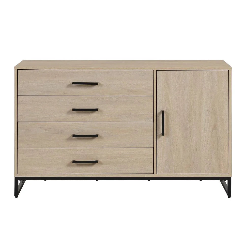 Commode industrielle à 4 tiroirs avec armoire à portes, coiffeuse de luxe en chêne beige, sans frais de transport, pour table de maquillage de chambre à coucher