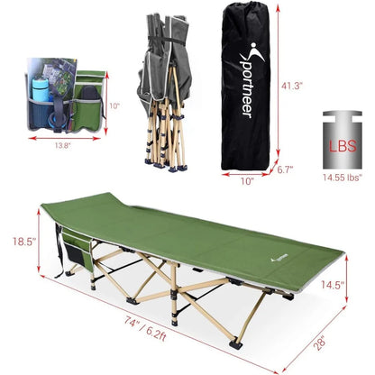 Lits de camping pour adultes, lit de camp 2 poches latérales pour dormir 450 lb (charge maximale) Lits pliants portables Lit extra large