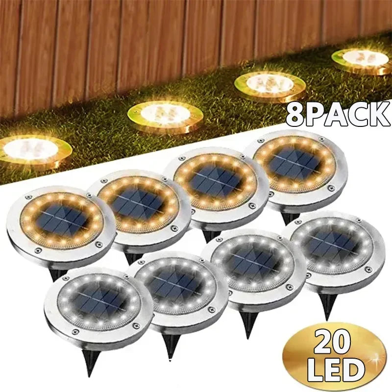 Lámpara de disco de energía solar de 8/20 LED para exteriores, luz subterránea para jardín, luz de cubierta, foco, lámpara LED solar enterrada, decoración de jardín