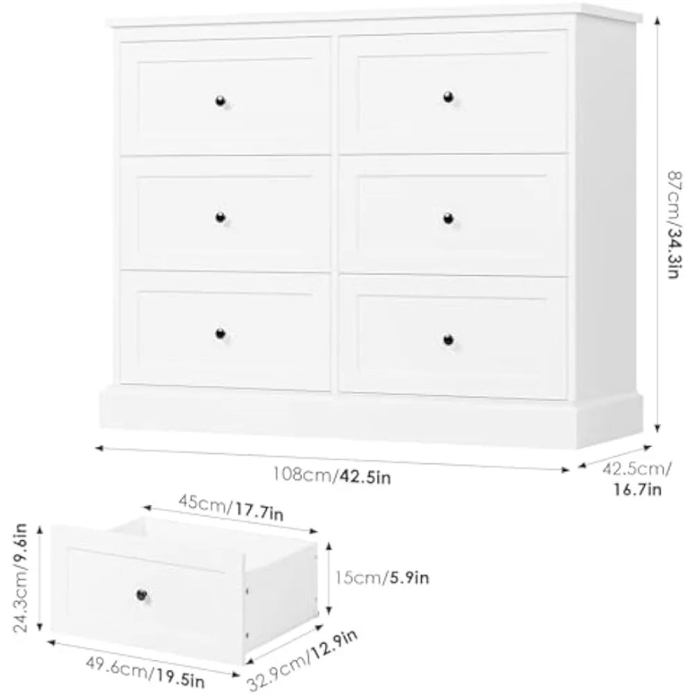 White Dresser, 6 Drawer Dresser White, Modern Double Chest with Deep Drawers, Wide Storage Organizer Cabinet