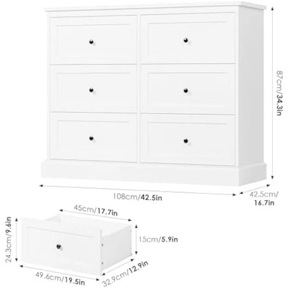 White Dresser, 6 Drawer Dresser White, Modern Double Chest with Deep Drawers, Wide Storage Organizer Cabinet