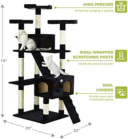 Arbre à chat extra large de 72 po de haut, tour pour chat, maison pour grands chats d'intérieur, jeu, griffoir, cachette, escalade, meubles d'activité avec