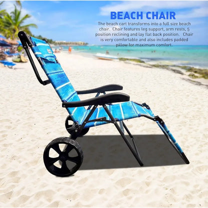 Beach Cart Chair – 2 in 1 Turns from Beach Cart to Beach Chair  Large Wheels  Easy to Use  Large Capacity Blue Striped