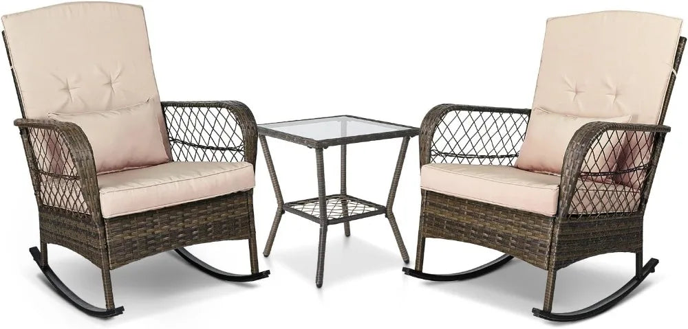 Ensemble de conversation de patio 3 pièces avec 2 chaises à bascule en rotin et table en verre, pour jardin, arrière-cour, porche (beige)