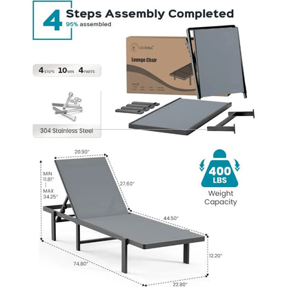 Outdoor Aluminum Lounger with Adjustable 5 Positions Lounging & Full Flat Tanning Chair for Patio, Pool, Grey Patio Lounge Chair