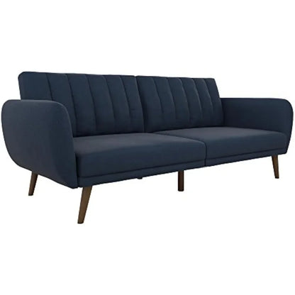 Sofa Futon, Premium Linen Upholstery and Wooden Legs, Blue Linen