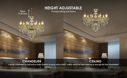 Elegant Glass Crystal Chandelier Ceiling Pendant Lighting Decor 10-Light Golden Hanging Lamp For Living Room Bedroom Room Lobby