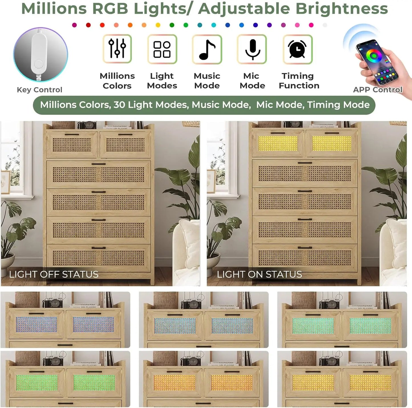 Cómoda de 6 cajones para dormitorio, cómodas de madera de ratán con luz LED, cómodas altas y cómodas, para dormitorio, entrada