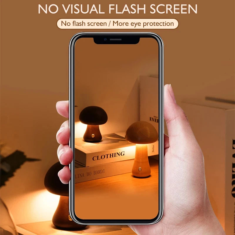 Lámpara de noche portátil con forma de hongo de madera LED, regulable, con carga USB, para decoración del hogar