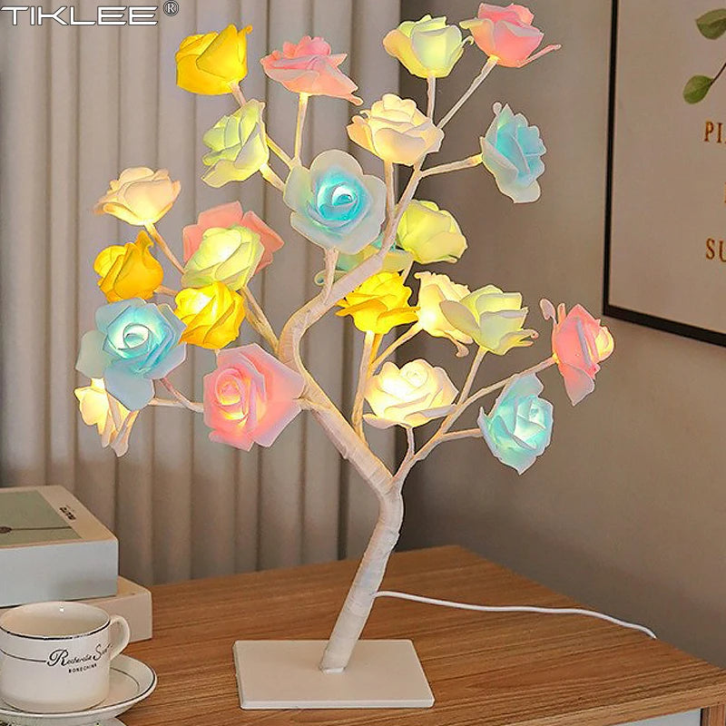 Lámpara de mesa con forma de árbol de flores, 24 cabezas, rosas, luces de noche de escritorio de hadas, funciona con USB, regalos para bodas, San Valentín, decoración navideña