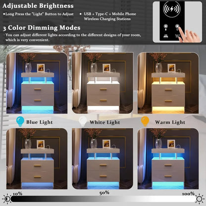 Auto LED Nightstand With Wireless Charging Station & USB Ports Bedside Tables for the Bedroom Furniture Nightstands Mobile Home